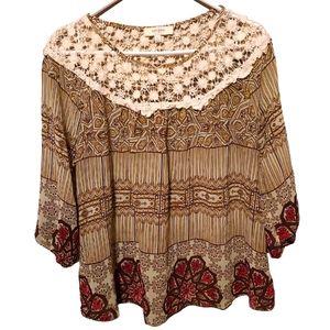 UMGEE Brown Lace Bohemian Blouse Rear Slit Size S